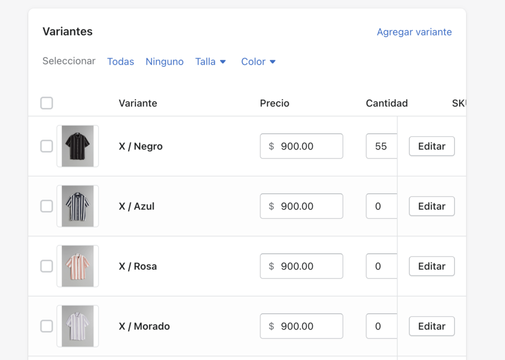 Página Agregar Producto, Sección Opciones. Agrega imágenes a variantes de producto Shopify.