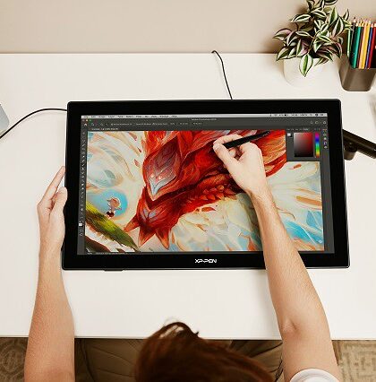 Tablet con arte digital para comercializar productos digitales tienda en línea Shopify