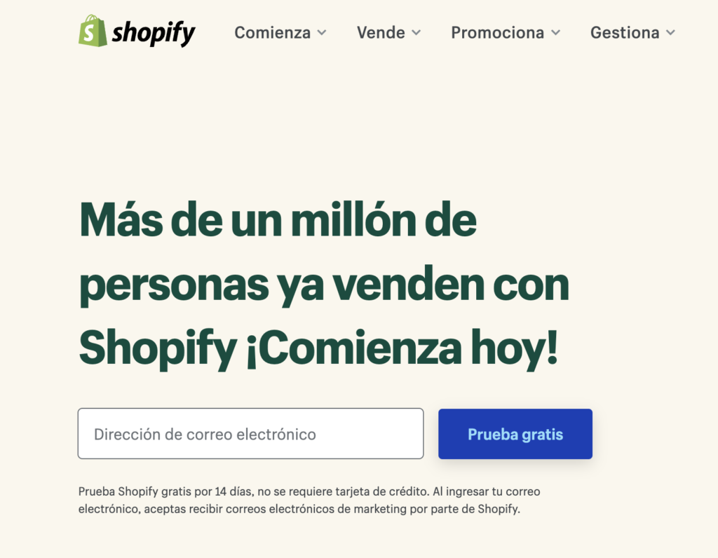 Página de inicio Shopify