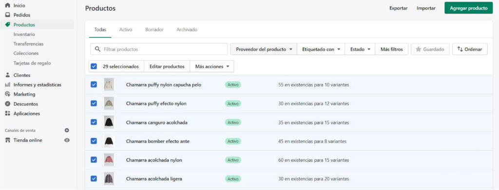 Página de Producto, selección masiva para agregar etiqueta de Producto Shopify.