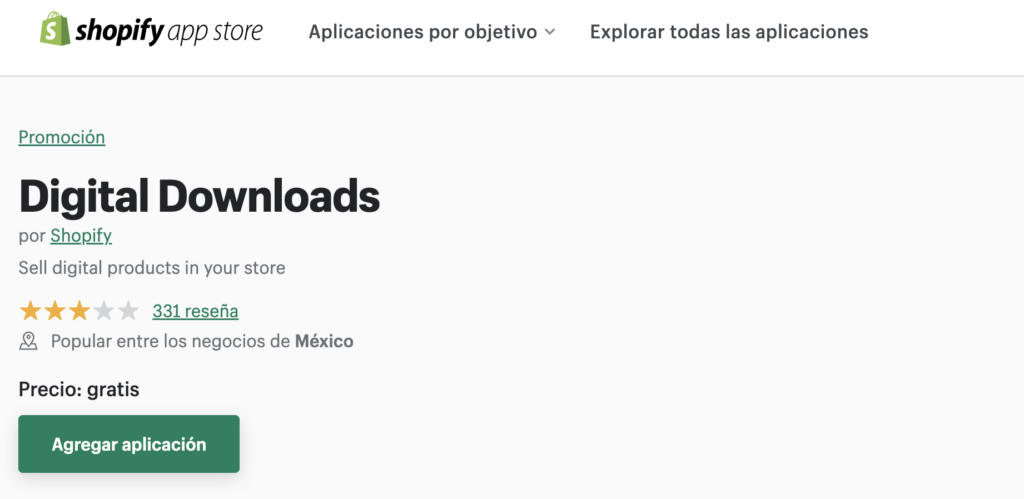 Página de Shopify App Store para agregar aplicación Digital Downloads.