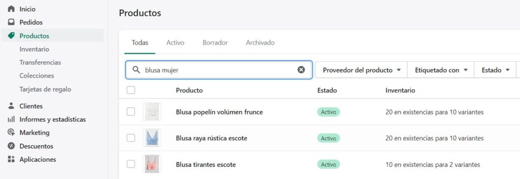 Página Productos, filtrar productos por etiqueta en barra de búsqueda Shopify.