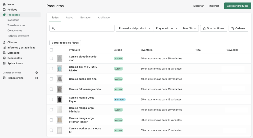 Página de Panel de Control, productos agregados en Shopify